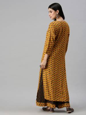 women's round neck floral mustard straight kurta and sharara 2