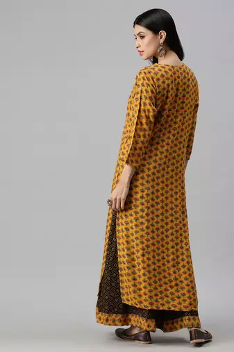 women's round neck floral mustard straight kurta and sharara