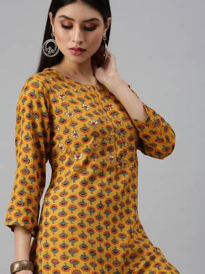 women's round neck floral mustard straight kurta and sharara 3