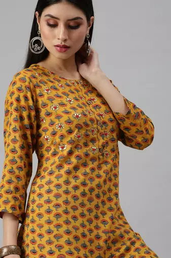 women's round neck floral mustard straight kurta and sharara
