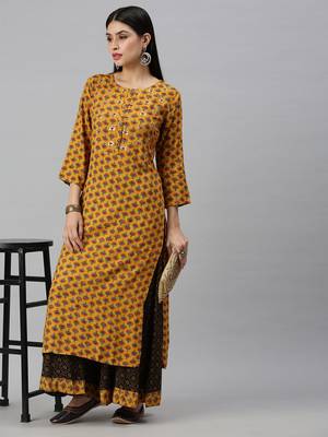 women's round neck floral mustard straight kurta and sharara 4