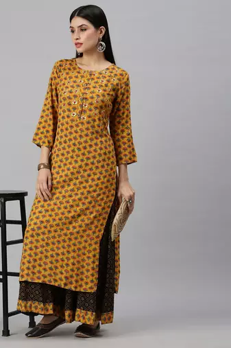 women's round neck floral mustard straight kurta and sharara