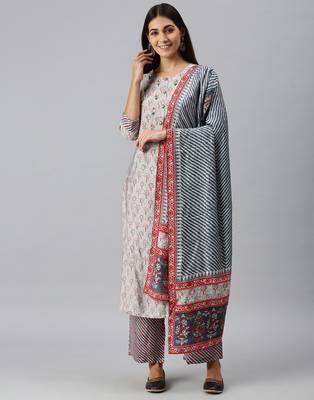 women's round neck ethnic motifs sequinned grey straight kurta and trouser with dupatta 1