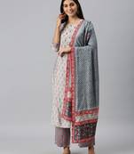 women's round neck ethnic motifs sequinned grey straight kurta and trouser with dupatta
