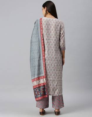 women's round neck ethnic motifs sequinned grey straight kurta and trouser with dupatta 2
