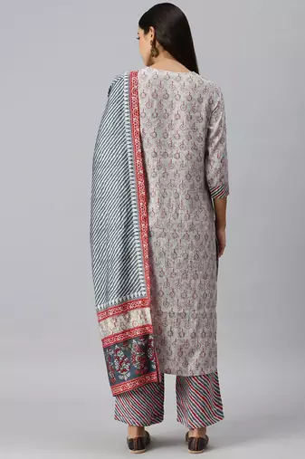 women's round neck ethnic motifs sequinned grey straight kurta and trouser with dupatta