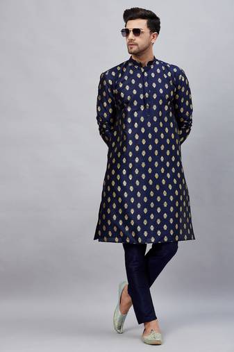 Men'S Navy Blue Silk Blend Kurta Pyjama Set