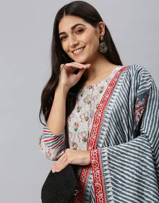 women's round neck ethnic motifs sequinned grey straight kurta and trouser with dupatta 3