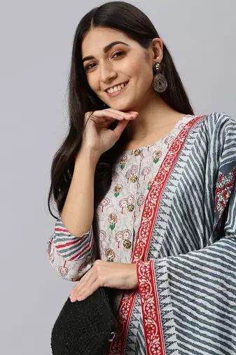 women's round neck ethnic motifs sequinned grey straight kurta and trouser with dupatta