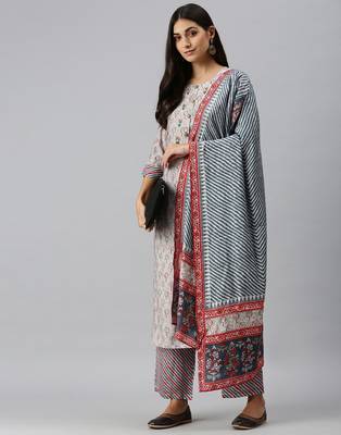 women's round neck ethnic motifs sequinned grey straight kurta and trouser with dupatta 4