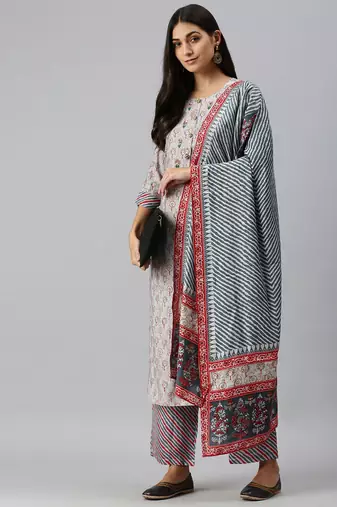 women's round neck ethnic motifs sequinned grey straight kurta and trouser with dupatta