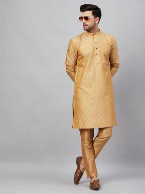 Men'S Beige And Rose Gold Silk Blend Kurta Pyjama Set 1