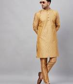 Men'S Beige And Rose Gold Silk Blend Kurta Pyjama Set