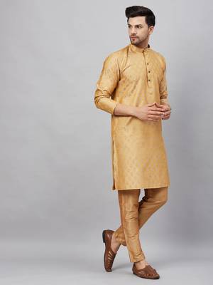 Men'S Beige And Rose Gold Silk Blend Kurta Pyjama Set 2