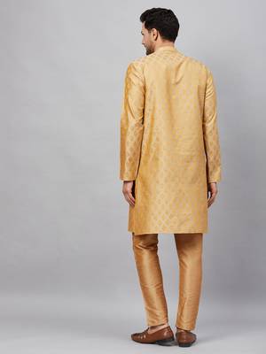 Men'S Beige And Rose Gold Silk Blend Kurta Pyjama Set 3