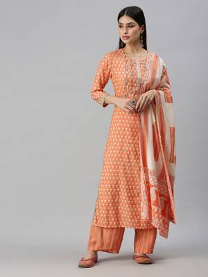 women's round neck floral orange straight kurta and trouser with dupatta 1