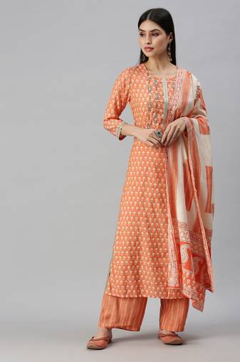 women's round neck floral orange straight kurta and trouser with dupatta