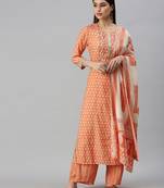 women's round neck floral orange straight kurta and trouser with dupatta