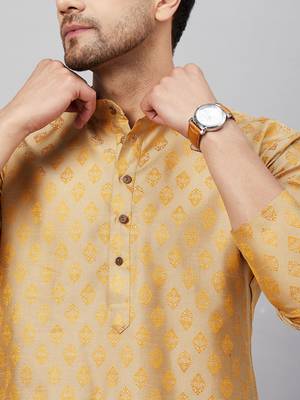 Men'S Beige And Rose Gold Silk Blend Kurta Pyjama Set 4