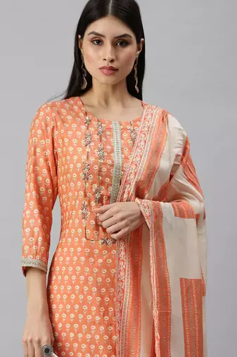 women's round neck floral orange straight kurta and trouser with dupatta