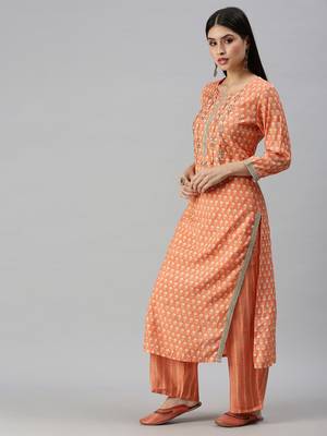 women's round neck floral orange straight kurta and trouser with dupatta 3