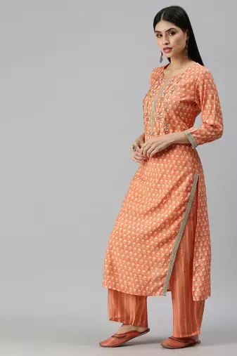 women's round neck floral orange straight kurta and trouser with dupatta