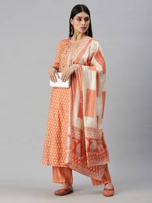 women's round neck floral orange straight kurta and trouser with dupatta 4