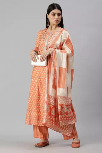women's round neck floral orange straight kurta and trouser with dupatta