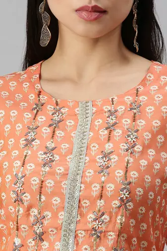 women's round neck floral orange straight kurta and trouser with dupatta