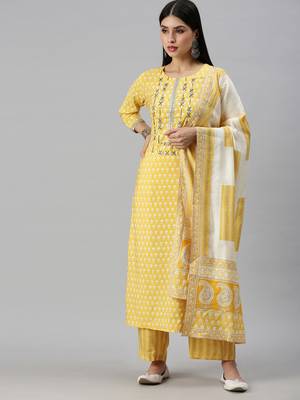 women's round neck floral yellow straight kurta and trouser with dupatta 1