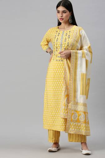 women's round neck floral yellow straight kurta and trouser with dupatta