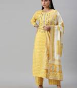 women's round neck floral yellow straight kurta and trouser with dupatta