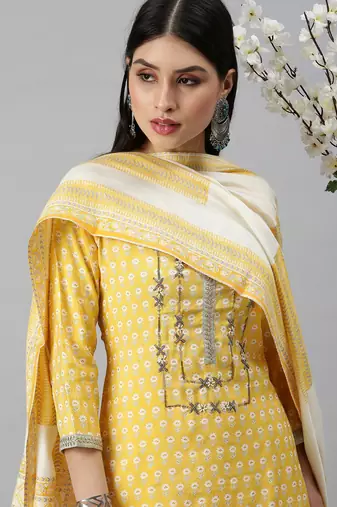 women's round neck floral yellow straight kurta and trouser with dupatta
