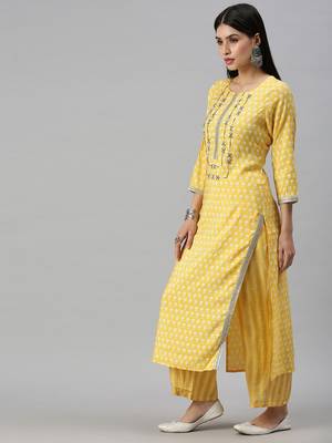 women's round neck floral yellow straight kurta and trouser with dupatta 3