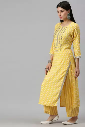 women's round neck floral yellow straight kurta and trouser with dupatta