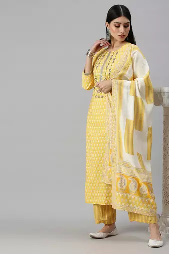 women's round neck floral yellow straight kurta and trouser with dupatta
