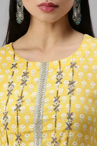 women's round neck floral yellow straight kurta and trouser with dupatta