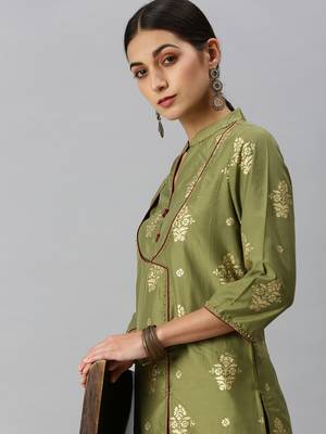 women's mandarin collar ethnic motifs sequinned olive a-line kurta and skirt 1