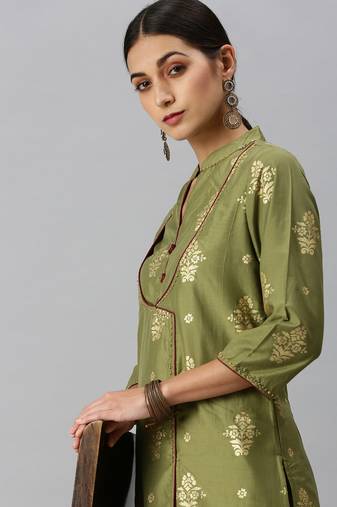 women's mandarin collar ethnic motifs sequinned olive a-line kurta and skirt