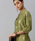 women's mandarin collar ethnic motifs sequinned olive a-line kurta and skirt
