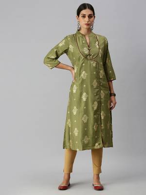 women's mandarin collar ethnic motifs sequinned olive a-line kurta and skirt 2