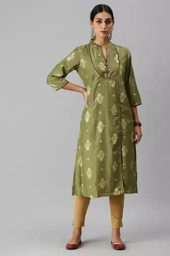women's mandarin collar ethnic motifs sequinned olive a-line kurta and skirt