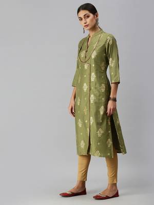 women's mandarin collar ethnic motifs sequinned olive a-line kurta and skirt 3