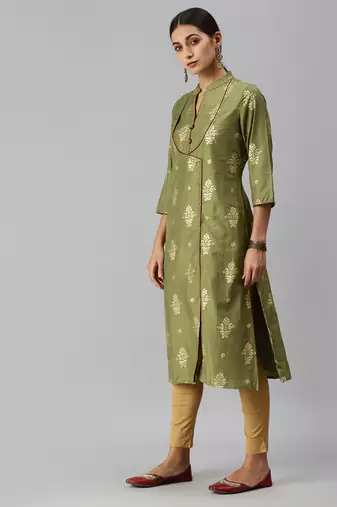 women's mandarin collar ethnic motifs sequinned olive a-line kurta and skirt