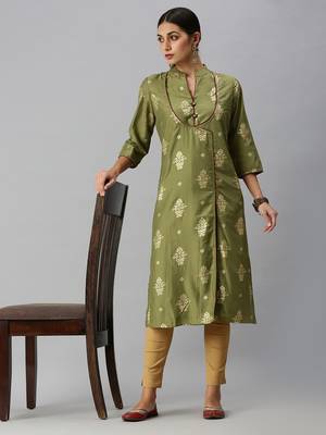 women's mandarin collar ethnic motifs sequinned olive a-line kurta and skirt 4
