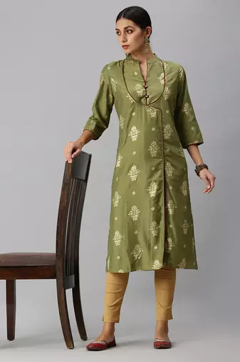 women's mandarin collar ethnic motifs sequinned olive a-line kurta and skirt