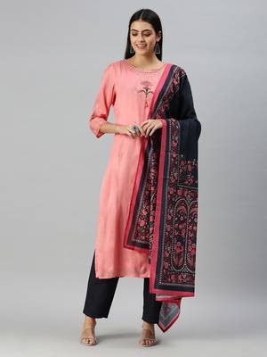 women's round neck solid zardozi pink straight kurta and trouser with dupatta 1
