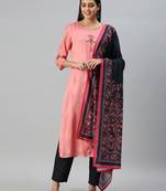 women's round neck solid zardozi pink straight kurta and trouser with dupatta