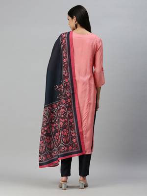 women's round neck solid zardozi pink straight kurta and trouser with dupatta 2