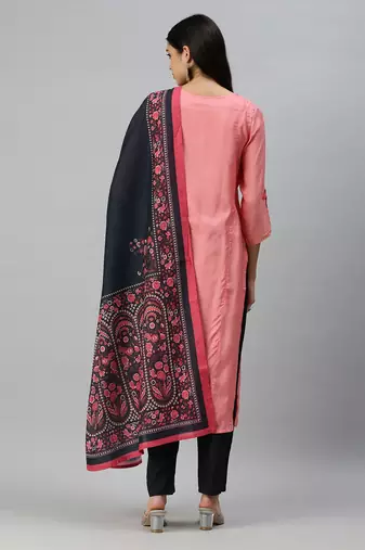 women's round neck solid zardozi pink straight kurta and trouser with dupatta